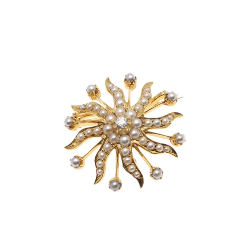 1044 - A PEARL AND DIAMOND SUNBURST BROOCH PENDANT. centred with a circular-cut diamond and set overall wit... 