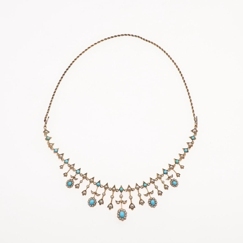 1045 - A TURQUOISE AND PEARL SET FRINGE NECKLACE. mounted alternately with pearl set foliate drops and turq... 