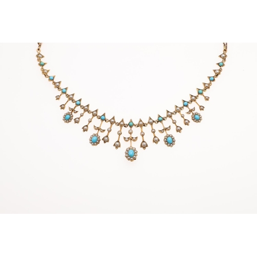 1045 - A TURQUOISE AND PEARL SET FRINGE NECKLACE. mounted alternately with pearl set foliate drops and turq... 