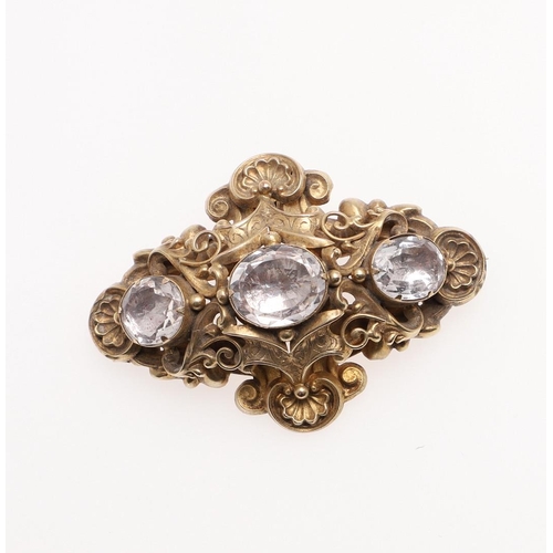 1047 - A VICTORIAN GOLD AND ROCK CRYSTAL BRACELET AND BROOCH. the ornate bracelet set with foil backed rock... 