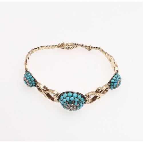 1052 - A VICTORIAN GOLD, TURQUOISE AND PEARL BRACELET. the bracelet set with three turquoise set domes cent... 