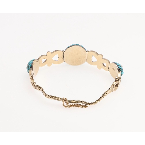 1052 - A VICTORIAN GOLD, TURQUOISE AND PEARL BRACELET. the bracelet set with three turquoise set domes cent... 