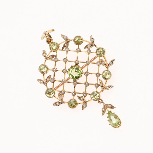 1062 - A PERIDOT AND PEARL BROOCH PENDANT. the 9ct gold mount of lattice design, set with circular-cut peri... 