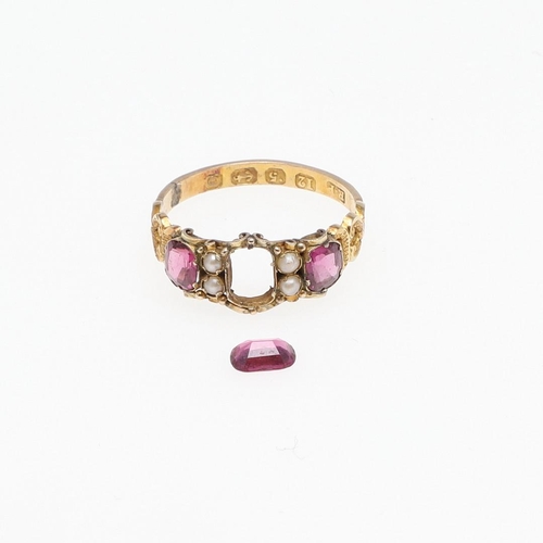 1065 - A VICTORIAN TOURMALINE AND PEARL RING. mounted with three oval-shaped tourmalines and four small pea... 