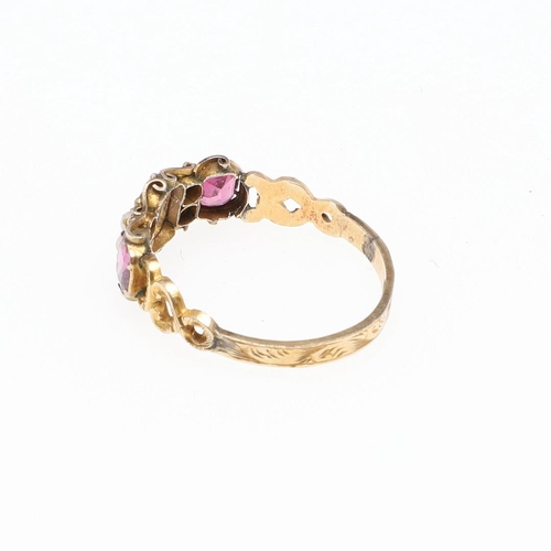 1065 - A VICTORIAN TOURMALINE AND PEARL RING. mounted with three oval-shaped tourmalines and four small pea... 