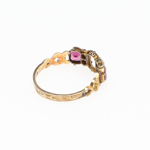 1065 - A VICTORIAN TOURMALINE AND PEARL RING. mounted with three oval-shaped tourmalines and four small pea... 