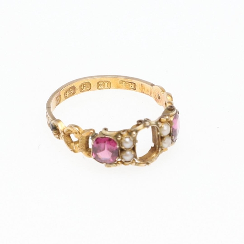 1065 - A VICTORIAN TOURMALINE AND PEARL RING. mounted with three oval-shaped tourmalines and four small pea... 