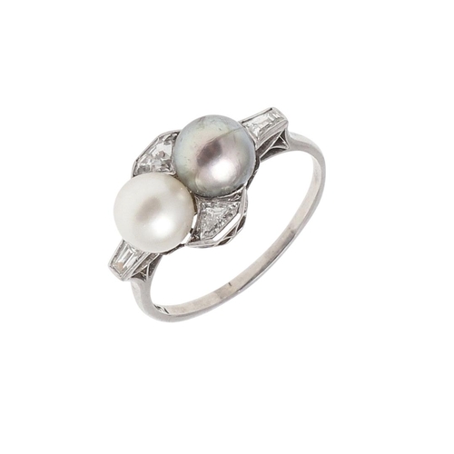 1072 - A DIAMOND AND PEARL RING. mounted with an untested grey cultured pearl and a white cultured pearl, a... 