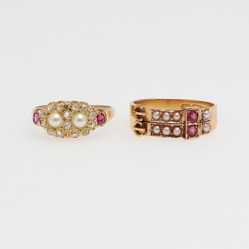 1076 - A VICTORIAN RUBY AND PEARL SET BUCKLE RING. mounted with two circular-cut rubies and half pearls in ... 