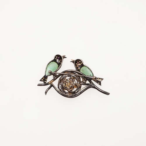 1078 - A JADE, CITRINE AND CULTURED PEARL BROOCH. formed as two birds guarding a nest of eggs, mounted with... 