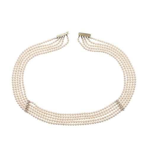 1085 - A FIVE ROW CULTURED PEARL, DIAMOND AND 18CT GOLD CHOKER. the pearls measure approximately 3.0mm and ... 