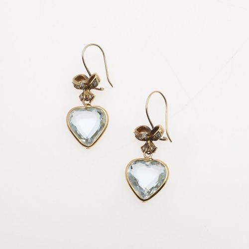 1093 - A PAIR OF AQUAMARINE AND DIAMOND DROP EARRINGS. each earring formed with a heart-shaped aquamarine s... 