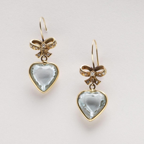 1093 - A PAIR OF AQUAMARINE AND DIAMOND DROP EARRINGS. each earring formed with a heart-shaped aquamarine s... 