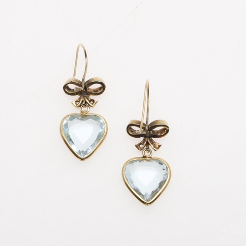 1093 - A PAIR OF AQUAMARINE AND DIAMOND DROP EARRINGS. each earring formed with a heart-shaped aquamarine s... 