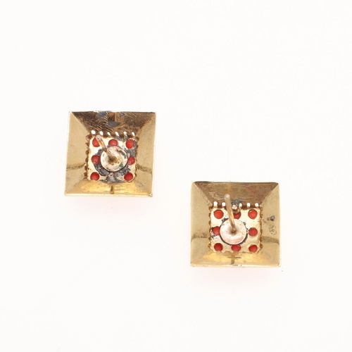 1097 - A PAIR OF CORAL AND GOLD EARRINGS. of square form, each earring mounted with nine coral cabochons, 1... 