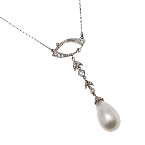 1148 - AN EDWARDIAN NATURAL PEARL AND DIAMOND PENDANT. the natural pearl drop is suspended from a foliate l... 