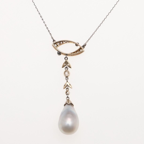 1148 - AN EDWARDIAN NATURAL PEARL AND DIAMOND PENDANT. the natural pearl drop is suspended from a foliate l... 