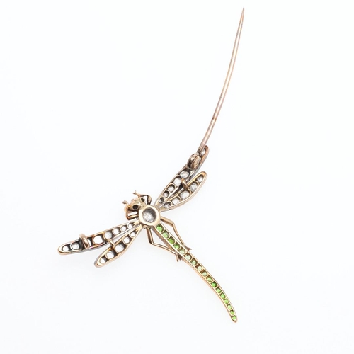 1159 - AN EARLY 20TH CENTURY DIAMOND AND DEMANTOID GARNET DRAGONFLY BROOCH. the body mounted with circular-... 