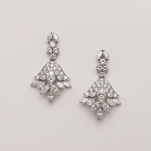 1162 - A PAIR OF DIAMOND DROP EARRINGS. of foliate form, set overall with marquise-cut and circular-cut dia... 