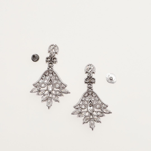 1162 - A PAIR OF DIAMOND DROP EARRINGS. of foliate form, set overall with marquise-cut and circular-cut dia... 