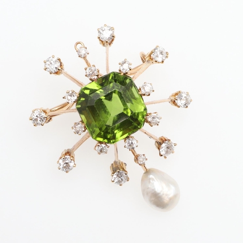 1163 - AN EARLY 20TH CENTURY PERIDOT, DIAMOND AND PEARL BROOCH PENDANT. centred with an octagonal-shaped pe... 