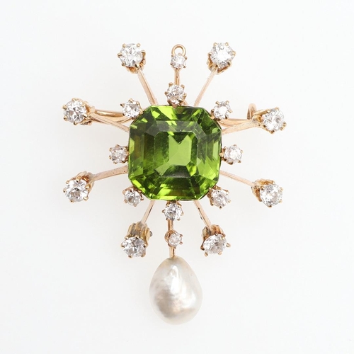 1163 - AN EARLY 20TH CENTURY PERIDOT, DIAMOND AND PEARL BROOCH PENDANT. centred with an octagonal-shaped pe... 