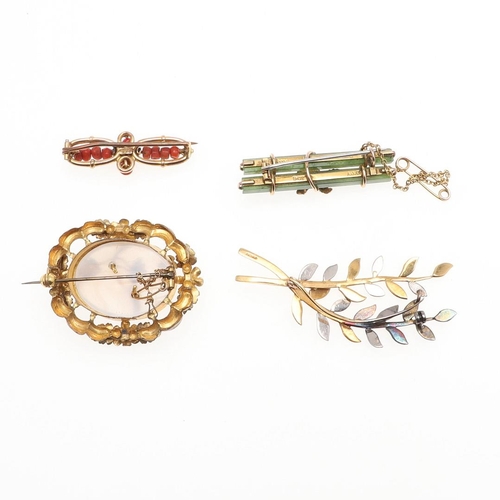 826 - A QUANTITY OF JEWELLERY. including a jade and 9ct gold brooch, 5cm long, a coral and 9ct gold brooch... 