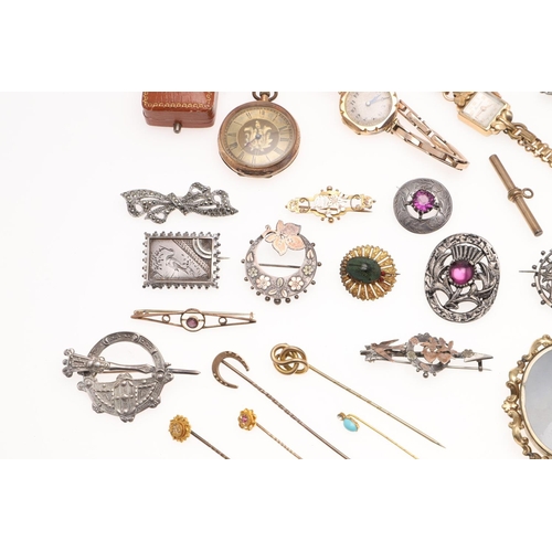 831 - A QUANTITY OF JEWELLERY. including six assorted gold and gem set brooches, various silver brooches, ... 