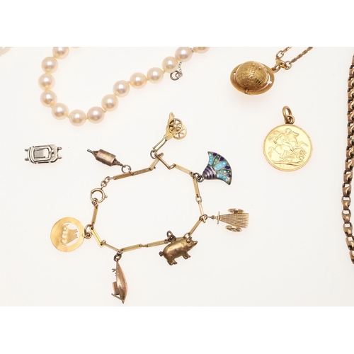 835 - A QUANTITY OF JEWELLERY. including a gold charm bracelet, a cultured pearl single row choker, with a... 