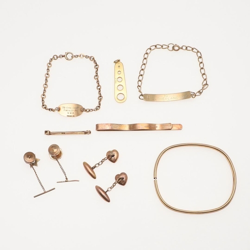 837 - A QUANTITY OF 9CT GOLD JEWELLERY. including a pendant designed as a diamond gauge, a tie pin and var... 