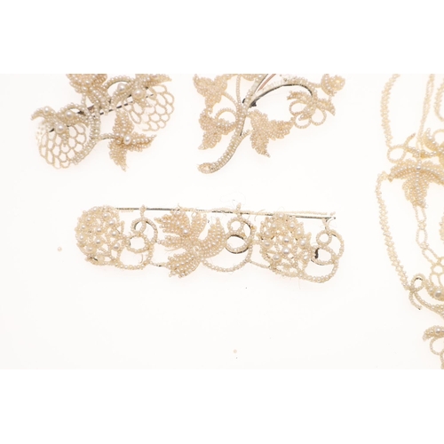 846 - A VICTORIAN SEED PEARL NECKLACE. of foliate intricate design, 44cm long, together with a seed pearl ... 