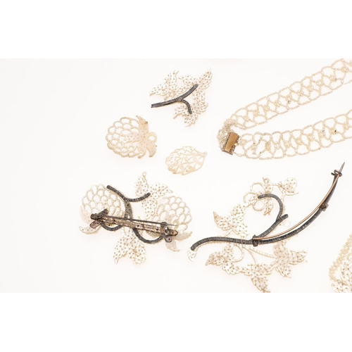 846 - A VICTORIAN SEED PEARL NECKLACE. of foliate intricate design, 44cm long, together with a seed pearl ... 