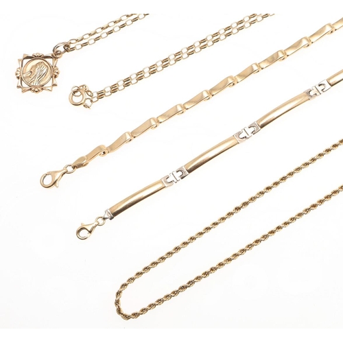 852 - A QUANTITY OF JEWELLERY. including a 9ct gold wavy link bracelet, 17cm long, 5.7 grams, a 9ct gold b... 