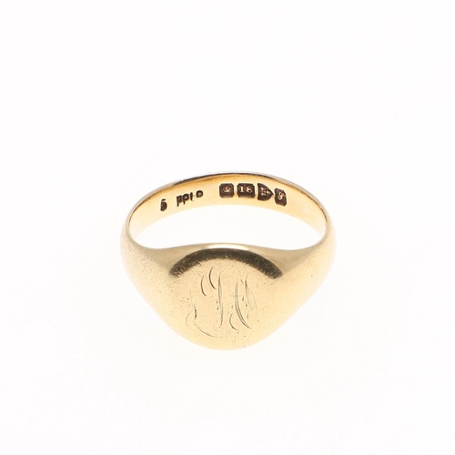 854 - AN 18CT GOLD SIGNET RING. engraved with initials, 7.2 grams, size Q, together with a 9ct gold fancy ... 