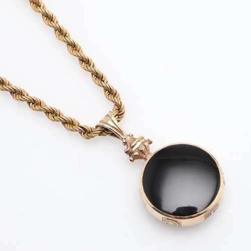 857 - A 9CT GOLD FOB. mounted with black onyx to one side, agate to the other, on a 9ct gold rope link cha... 