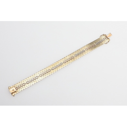 863 - A 9CT THREE COLOUR GOLD BRACELET. of geometric openwork design with engraved decoration, with concea... 