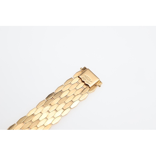 865 - AN 18CT GOLD PANEL BRACELET. formed with undulating plain and foliate engraved links to a concealed ... 