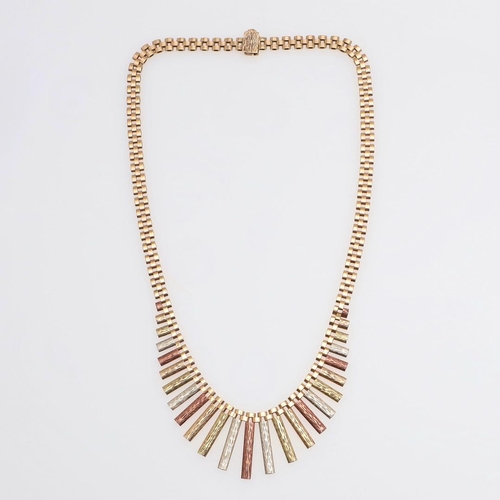 870 - A 9CT THREE COLOUR GOLD FRINGE NECKLACE. formed with graduated three colour gold textured baton drop... 