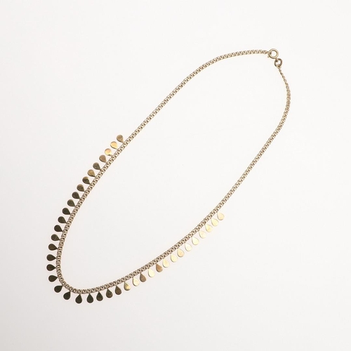 876 - A 9CT GOLD DROP NECKLACE. the double link necklace suspends pear-shaped gold drops, 43cm long, 10.8 ... 