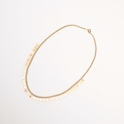 876 - A 9CT GOLD DROP NECKLACE. the double link necklace suspends pear-shaped gold drops, 43cm long, 10.8 ... 