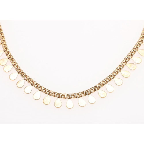 876 - A 9CT GOLD DROP NECKLACE. the double link necklace suspends pear-shaped gold drops, 43cm long, 10.8 ... 