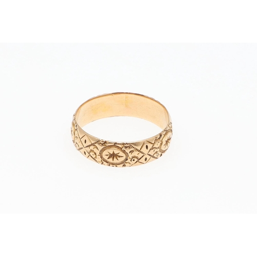 891 - AN 18CT GOLD WEDDING BAND. with engraved decoration, 4.5 grams, size R, together with a wide 18ct go... 