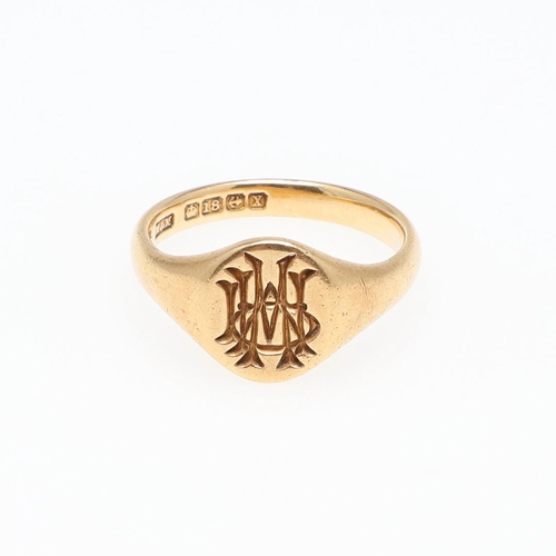 892 - AN 18CT GOLD SIGNET RING. engraved with initials, 8.7 grams, size R 1/2, together with another 18ct ... 