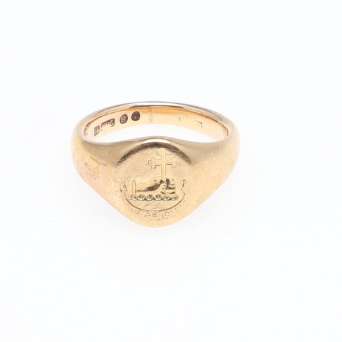 896 - A 14CT GOLD SIGNET RING. engraved with a crest, 9.3 grams, size H, together with a 22ct gold wedding... 