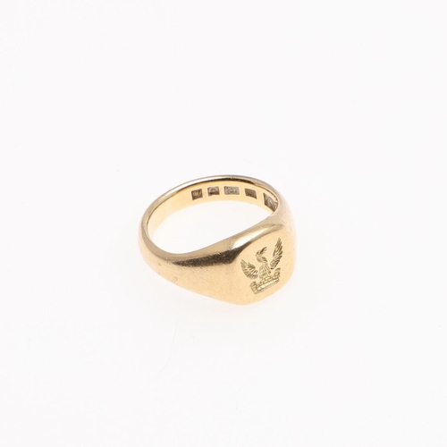 898 - AN 18CT GOLD SIGNET RING. engraved with a crest, 7.6 grams, size G, together with a 9ct gold signet ... 