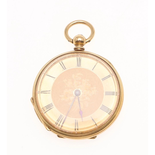 908 - AN 18CT GOLD OPEN FACED POCKET WATCH. the foliate engraved dial with Roman numerals, metal inner cas... 