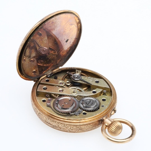 909 - A 14CT GOLD OPEN FACED POCKET WATCH. the gold foliate dial with Roman numerals and subsidiary second... 