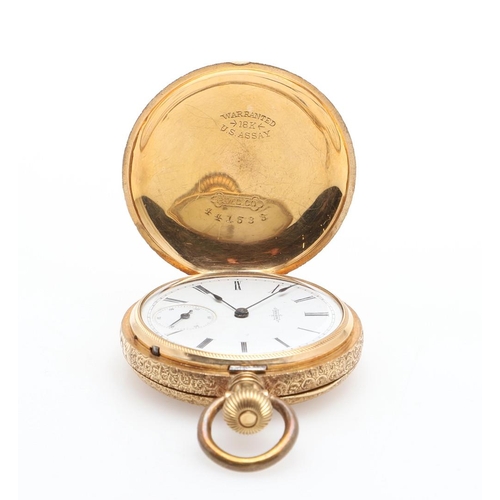 910 - AN 18CT GOLD FULL HUNTING CASED POCKET WATCH BY ELGIN. the signed white enamel dial with Roman numer... 