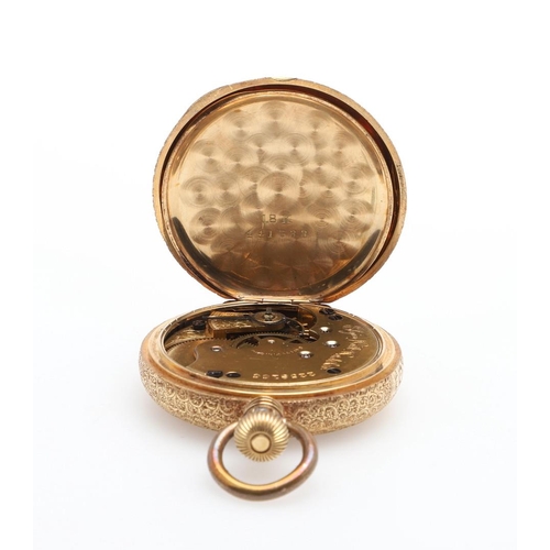 910 - AN 18CT GOLD FULL HUNTING CASED POCKET WATCH BY ELGIN. the signed white enamel dial with Roman numer... 