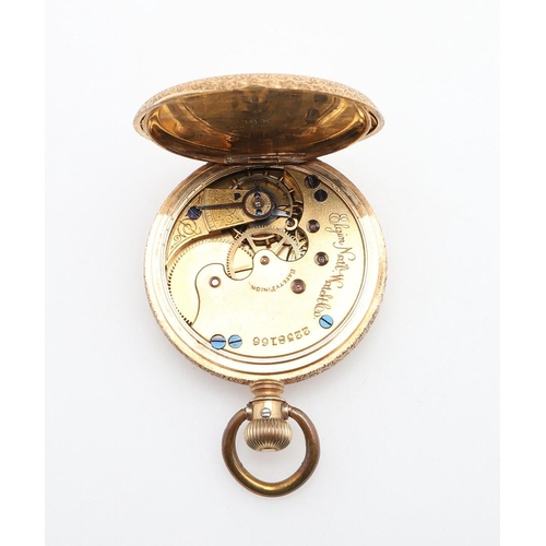 910 - AN 18CT GOLD FULL HUNTING CASED POCKET WATCH BY ELGIN. the signed white enamel dial with Roman numer... 